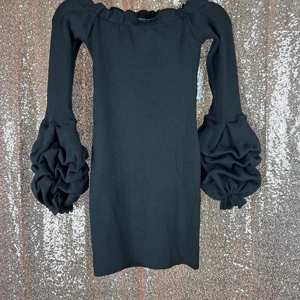 Mini black ruffled sleeve dress, size Medium